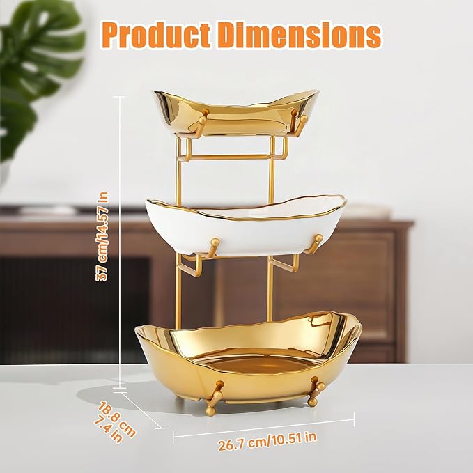 Ceramic Fruit Bowl for Kitchen Counter - 3 Tier Fruit Basket with Metal Stand, Tiered Fruit Stand for Countertop, Snack, Nuts, Cake, Dessert, Small & Cute (Gold & White,Small)