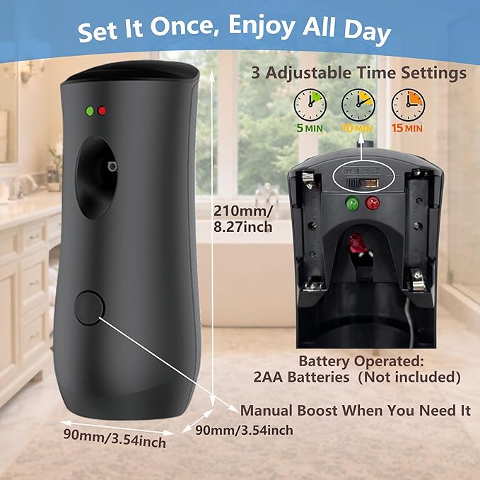Automatic Air Freshener Spray Dispenser (2-Pack) Wall Mounted or Free Standing, Commercial and Home Use, Multiple Time Scent/Mist Release Settings for Room/Restroom Sprayer (Black1101)