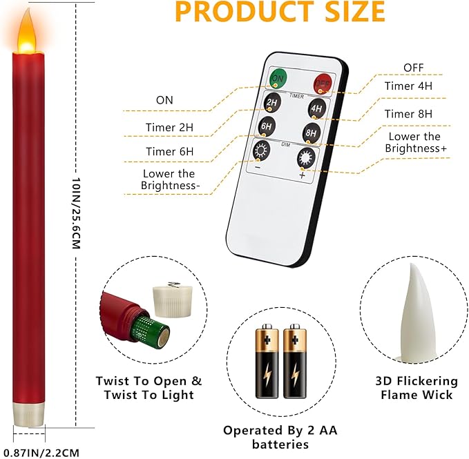 Flameless Taper Candles 10" Dripless Battery Operated Taper Candles Included Remote Timer 400+ Hours by 2AA Batteries for Halloween Christmas Wedding (Burgundy, 6 Pack)