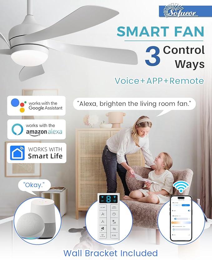Sofucor 42" Smart Ceiling Fan, Indoor/Outdoor White Ceiling Fans with Lights and Remote, Works with Alexa/Google/App, 3-Color Light 6-Speed Timing Reversible DC Motor for Bedroom Living Room Patio