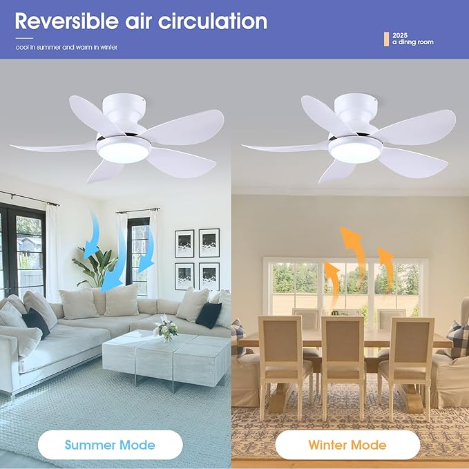 36 Inch Modern Ceiling Fans with Lights, Small Flush Mount Ceiling Fans, Remote/APP Control, 5 Reversible Curved Blades, 6 Speeds, 3 CCT Dimmable Lights for Kitchen Bedroom, White