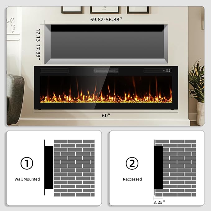2025Upgraded 60” Recessed and Wall Mounted Electric Fireplace, The Thinnest Narrow Beleze Fire Places with Remote Control, Screen Control,Adjustable Flame Colors and Speed