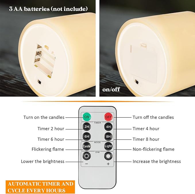 Extra Large Flameless Candles, 6"x6" Real Wax Battery Operated Candles with Remote and Timer, Flickering LED Pillar Candles with 3 Wicks for Home, Wedding, Party, Holiday, Ivory