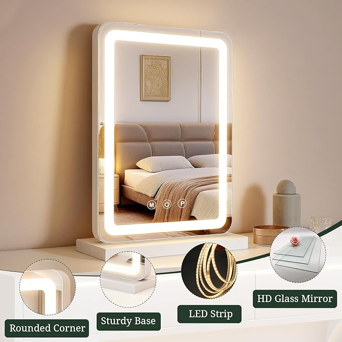 Vanity Mirror with Lights, LED Makeup Mirror with 3-Color Dimmable Lighting, Smart Touch Control, Memory Function, Tabletop Lighted Mirror for Bedroom, Dressing Room