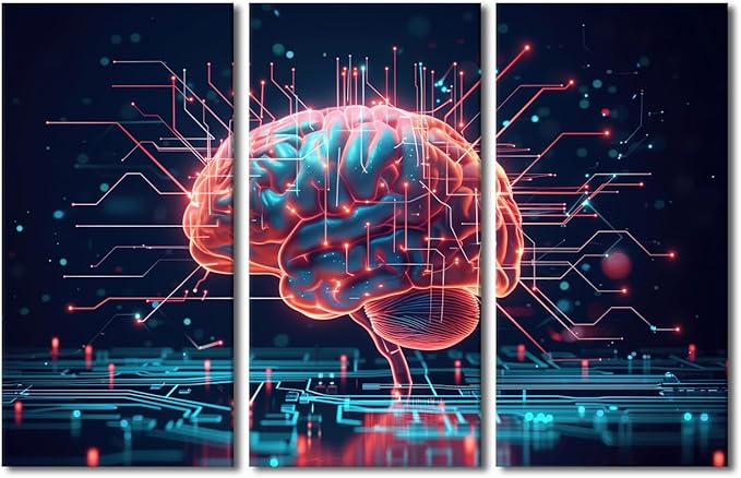 Framed Wall Art 3 Piece AI Brain Cloud Networking Posters and Prints for Bedroom Living Room Wall Decoration, Business and Technology Artwork Gallery-Wrapped Ready to Hang, 60" Wx40 H