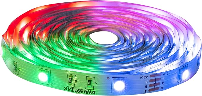 Sylvania 32ft RGB Flexible Light Strip Starter Kit, 16 Dimmable Colors with IR Remote Control, Power Adapter, Clips, White - 1 Pack (65636)