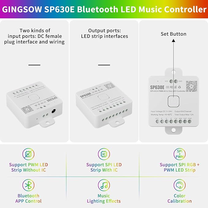 12-in-1 SP630E LED Controller, Bluetooth Music Sync App Control Support DC5-24V PWM Single Color CCT/RGB/RGBW/RGBCCT & SPI IC Chip COB SMD LED Strip Lights