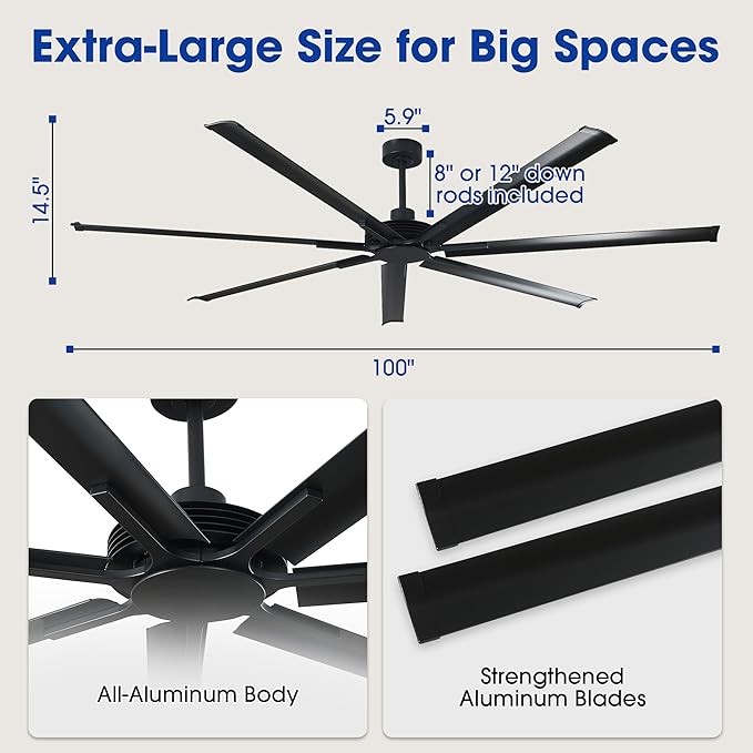 100 Inch Industrial Ceiling Fans, Black DC Motor Ceiling Fan No Light with Remote Control, High CFM Quiet Large Ceiling Fan for Shop Garage Warehouse, 7 Aluminum Blades, Indoor Outdoor Commercial Fan
