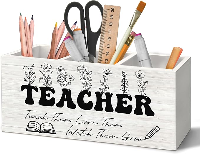 Teacher Pen Holder Organizer for Desk Accessories, Floral Themed Wooden Box Sign Desk Decorations for Office Classroom Tabletop, Graduation Teacher Appreciation Gifts for Women Men Teachers