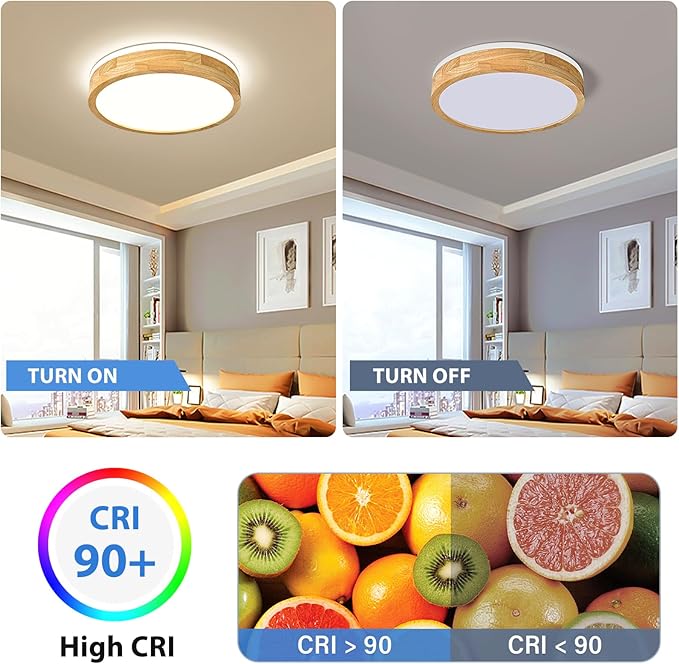 Modern Dimmable Wood Flush Mount Ceiling Light, 2700K-6000K 5CCT Round Close to Ceiling Lighting Fixtures, Minimalist LED Ceiling Lamp for Bedroom, Kitchen, Hallway, Living Room-15.74in