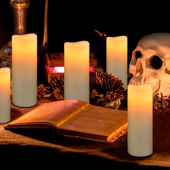 Flameless Battery Operated Led Candles-Set of 9(H 4" 5" 6" 7" 8" 9" x D 2.2") Real Wax Flickering Pillar LED Electric Candles with 10-Key Remote and 24 Hours Timer Ivory