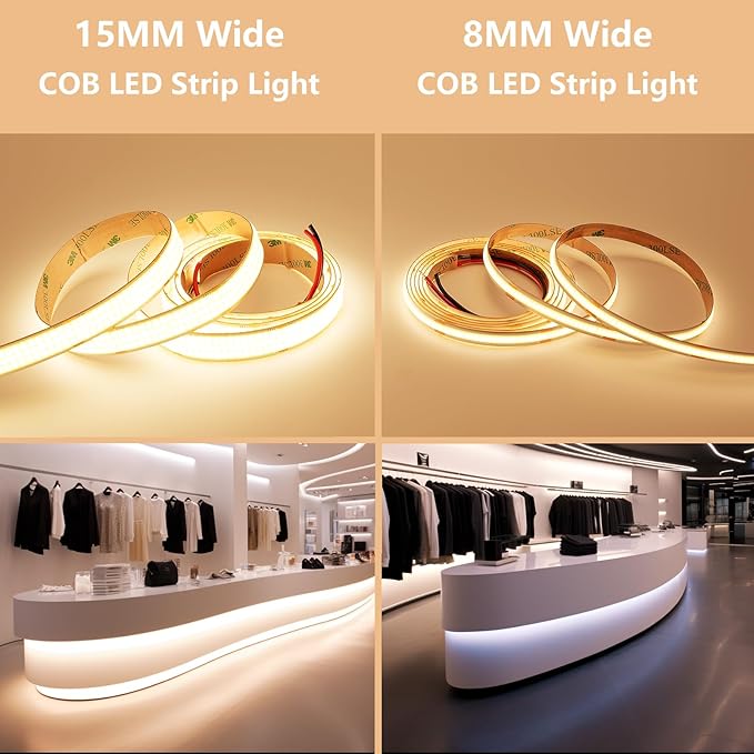 24V 15MM Wide COB LED Strip Light 32.8ft (2 Rolls of 16.4ft), 3000K Warm White Super Bright 25W/M 2750LM/M CRI 92 LED Tape Lights with Power Supply for Living Room Commercial