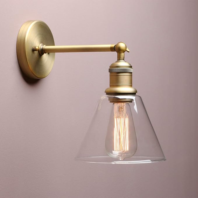 Yosoan Indoor Wall Sconce Fixture Light, 1-Light Modern Single Antique Brass Vintage Industrial Hardwired with Funnel Flared Clear Glass Shade Lamp for Bathroom Sink Porch Kitchen Living Room(Antique)