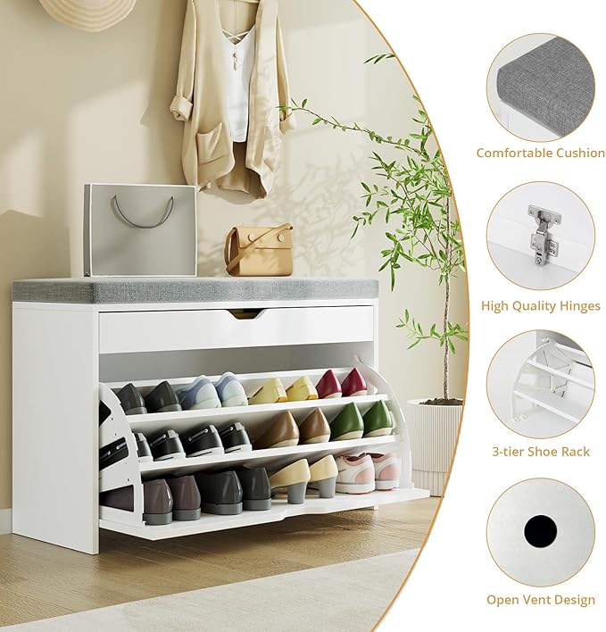 VOWNER Shoe Storage Bench with 3-Tier Flip Drawer, Shoe Rack Bench with Adjustable Shelves & Hidden Storage Space, Shoe Organizer for Entryway, Hallway, Living Room, White