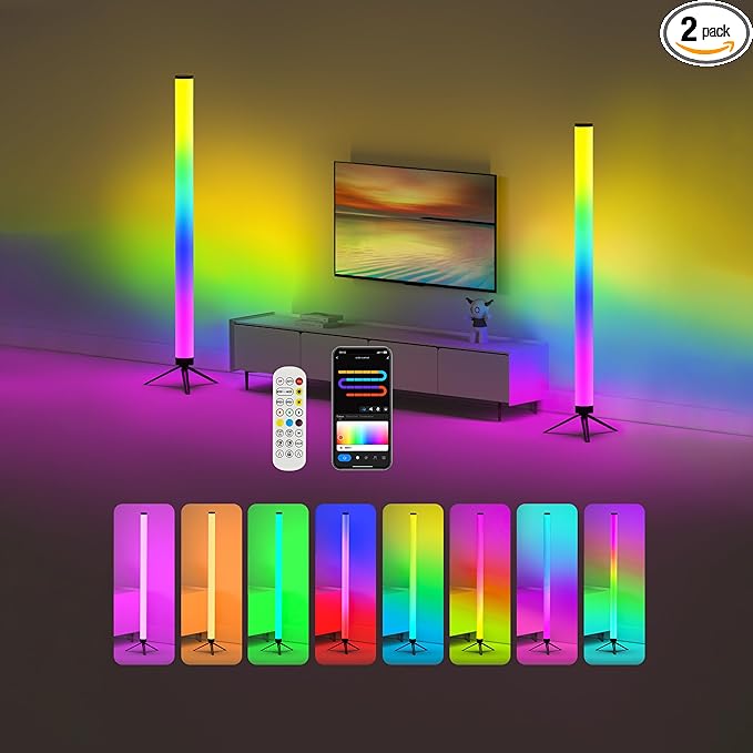 2 Pack RGB Floor Lamp, LED Corner Lamp Works with Alexa and Google, 360° Color Changing Lamp with Bluetooth APP, Remote Control, Music Sync, 16 Million DIY Colors & Timing for Living Room Gaming Room