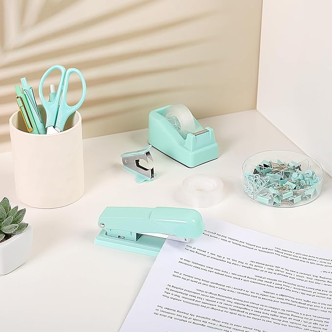 SKYDUE Teal Office Supplies Set - Desk Accessories, Stapler, Tape Dispenser, Scissors, Clips and 1000pcs Staples for Teachers