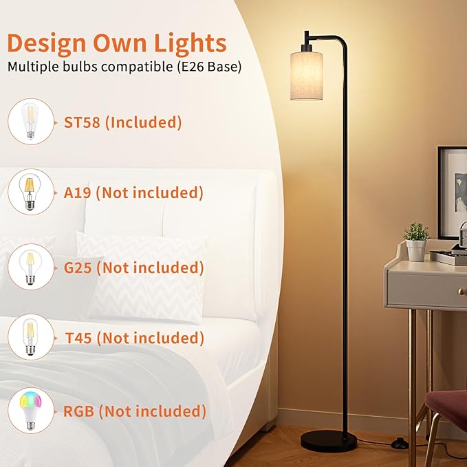 Floor Lamps for Living Room - Tall Standing Lamp with Linen Shade, Floor Lamp with LED Bulbs, Modern Floor Lamps for Bedroom Office Corner