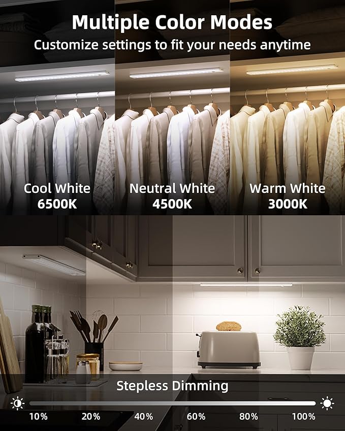 14.5inch Under Cabinet Lights, Wireless Closet Light, Motion Sensor, 3500mAh Rechargeable Battery, Magnetic, 3 Color Temps, 5 Levels Dimmable, Under Counter Lights for Kitchen (2 Pack)