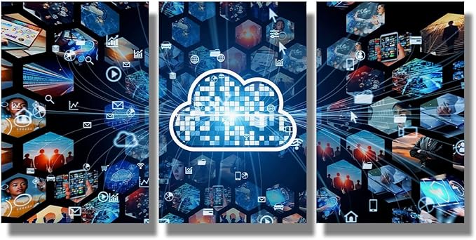 LSIUHWUWI 3 Pieces Wall Art for Living Room Cloud Computing Concept Communication Network Prints for Home Wall Decor, Posters for Home Hotel Wall Decoration, Framed Ready to Hang, 16x24inchx3