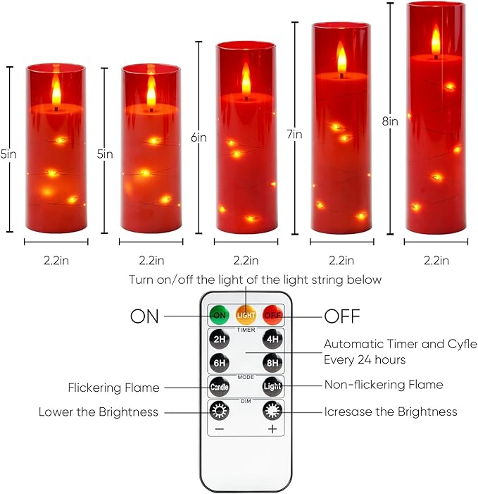 Homemory Acrylic Flameless Candles with Embedded Star String Fairy Lights, Battery Operated, LED Candles, Fake Candles with Remote Control and Timer, Red, Set of 5
