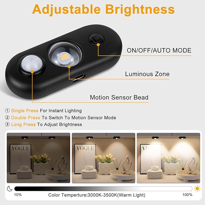 LED Motion Sensor Puck Lights, Rechargeable Under Cabinet Lighting, Dimmable Closet Lights, Magnetic Night Light, Wireless Under Counter Lights for Kitchen, Stairs, Hallway, Warm White, 4Pack, Black