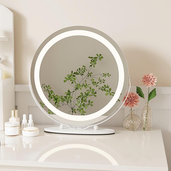 IDEALHOUSE Vanity Mirror with Lights, 19" Lighted Makeup Mirror, LED Desk Mirorr with 360° Rotation, Dimmable 3 Modes, Smart Touch Control for Bedroom or Tabletop(Round,White)