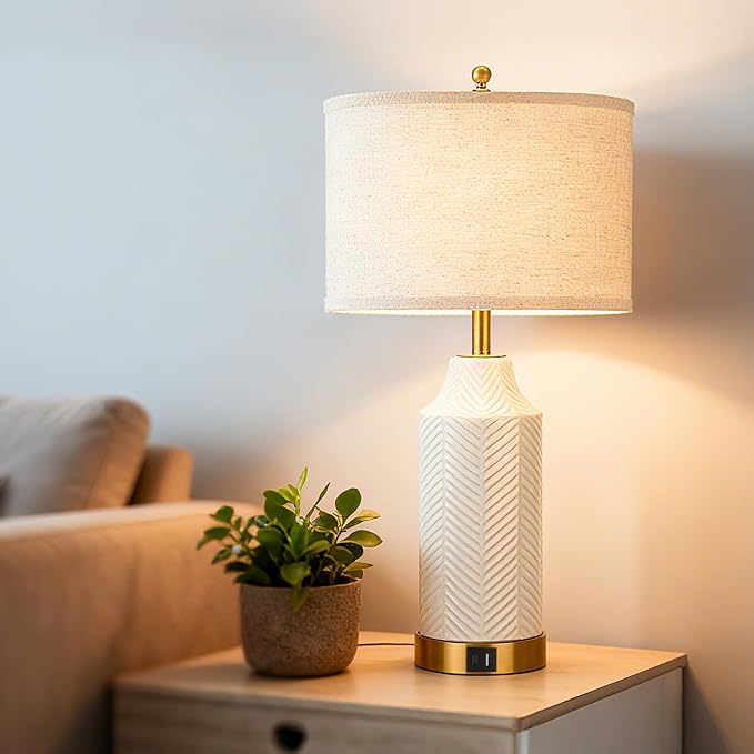 22" Ceramic Table Lamps with USB A+C Ports for Living Room, Dimmable Nightstand Touch Lamps Set of 2 with Linen Shade, Modern Bedside Lamp for Bedroom Home Decor, No Bulbs (1, White and Beige)