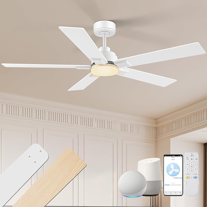 52 Inch Ceiling Fans with Lights,Smart Ceiling Fan with Light and Remote Control,Alexa,APP,White Indoor Outdoor Ceiling Fans for Bedroom,Living Room,Patio,5 Blades,Dimmable LED,6 Speed,Quiet DC Motor