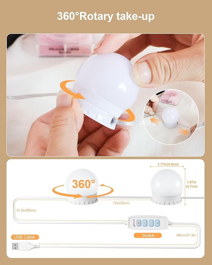 14 Bulbs LED Vanity Lights for Mirror, 3000K 4000K 6500K & 10-Brightness, Wire Length Adjustable, USB Cable, Hollywood Mirror Lights for Makeup Dressing Room Bathroom, White
