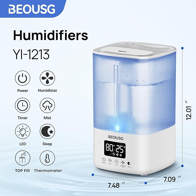 5L Top Fill Ultrasonic Humidifier,Cool Mist Humidifiers with Timer & Humidity Control for Bedroom, Baby, Large Rooms & Plants (White)