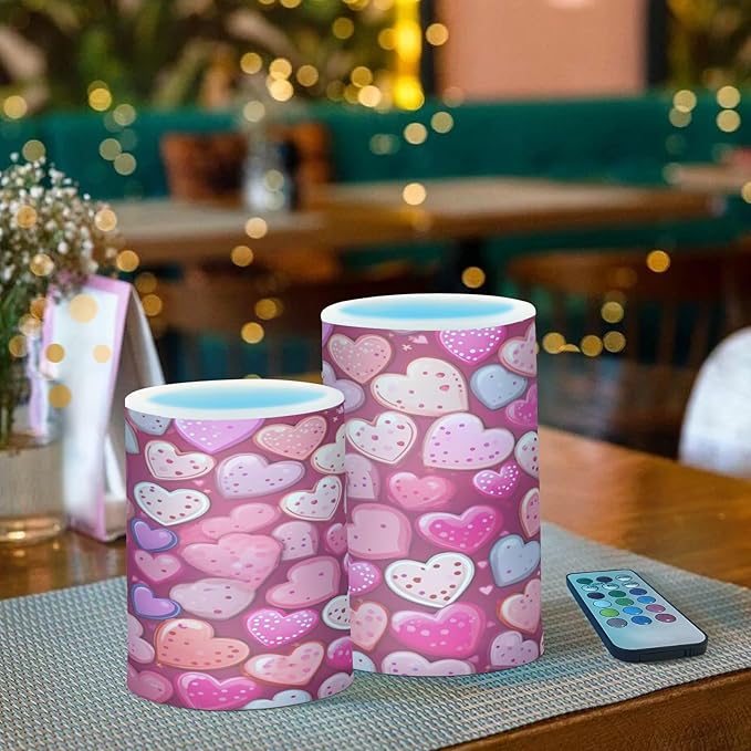 Doodle Pink and Purple Heart Flameless Candles Color Changing LED Candles with Remote Control Battery Candles for Outdoor and Indoor Home and Room Decoration, 3'' x 4''/5'' Set of 2 Pieces