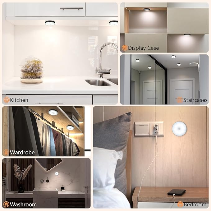 Stick On Lights, LED Puck Lights, Rechargeable Motion Sensor Night Light, 3 Operating Modes, Adjustable Brightness,Under Cabinet Lightins for Bedroom, Closet, Kitchens (2 Pack).