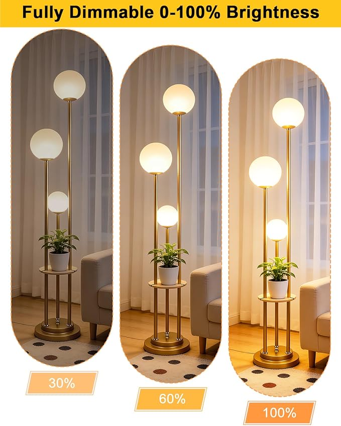 Lightdot Gold Floor Lamp 3-Lights Dimmable Floor Lamps with Tray 3000K Bulbs Included Unique Modern Tall Standing Lamp for Living Room/Bedroom/Sofa Beside/Corner Decor