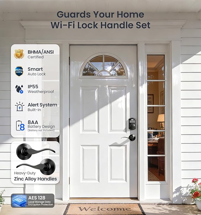 Veise VE012W-B Wi-Fi Fingerprint Smart Lock with Handle Set, Remote App Control, Keyless Entry Front Door Lever, Built-in WiFi No Hub Needed, Backlit Keypad Deadbolt, Auto-Locking, Matte Black