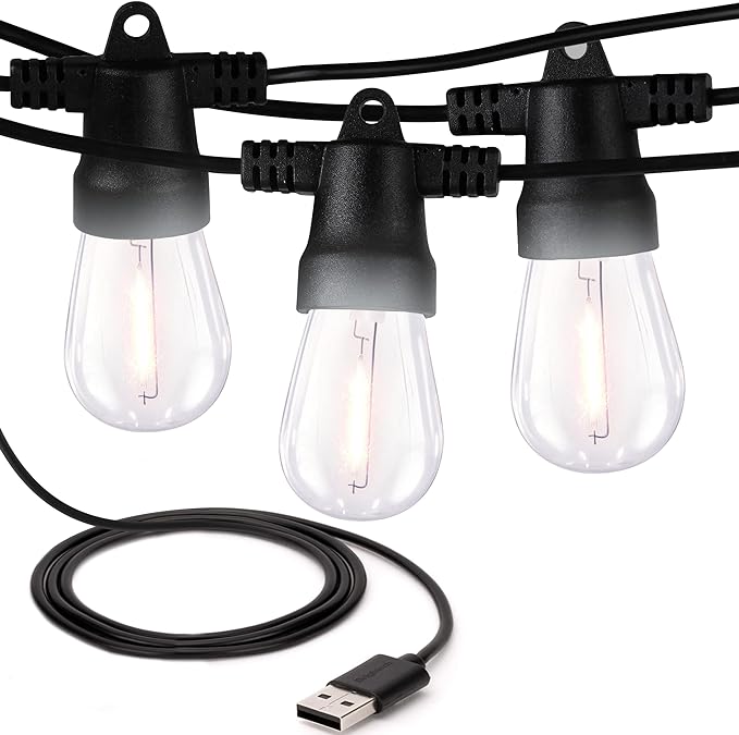 Brightech Ambience Pro USB Powered String Lights - 24 Ft Commercial Grade Waterproof String Lights, Outdoor Shatterproof Patio Lights for Camping, Christmas, Backyard, Porch - 1W LED Soft White Light