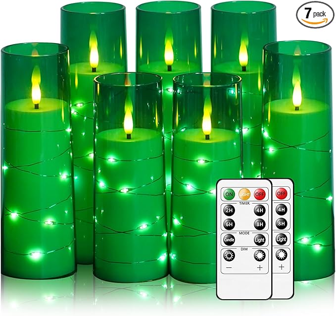 Flameless Candles with Embedded Star String, Battery Operated LED Pillar Candles with Timer and Remote Control,Home Decorating for Ambiance， Set of 7 (Green)