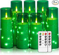 Flameless Candles with Embedded Star String, Battery Operated LED Pillar Candles with Timer and Remote Control,Home Decorating for Ambiance， Set of 7 (Green)