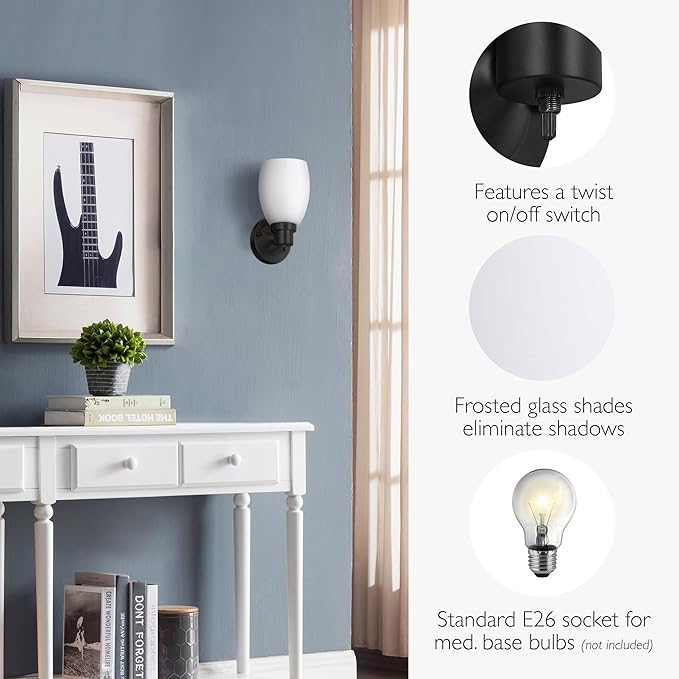 Design House Lydia Wall Sconce, 1 Light, Frosted Glass, Dimmable, Twist On/Off Switch, Matte Black, 4.88 in x 5.125 in x 9.75 in, 588814-BLK