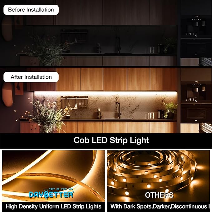 DAYBETTER COB LED Strip Light Tunable White, 32.8ft/10m 6080LEDs White LED Light Strips with Remote, 2700K-6500K Dimmable LED Tape Light, COB LED Lights for Bedroom Kitchen Under Cabinet DIY Lighting