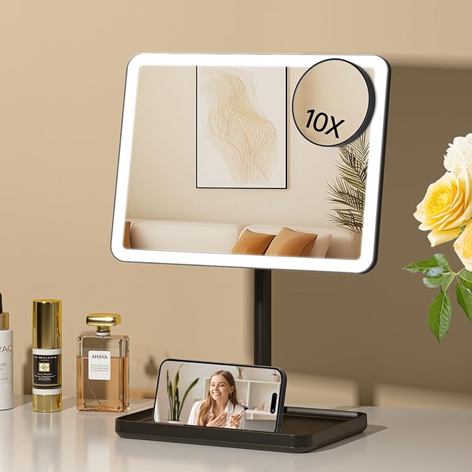 FUNTOUCH Vanity Mirror with Lights for Women Girls, Makeup Mirror Christmas Birthday Gifts for Adult Teen Kid,Detachable 10X Magnification for Vanity Desk Tabletop, Black