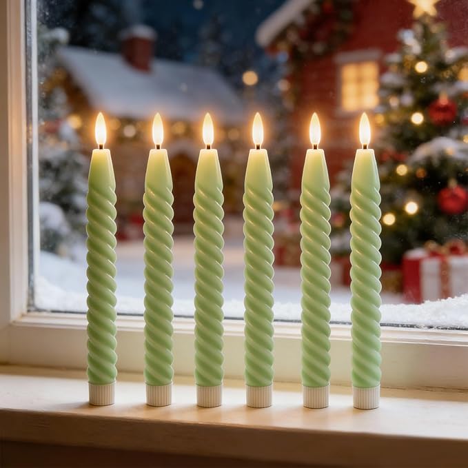 Easter Flameless Taper Candles Green Pastel Flickering with Remote Timer, Battery Operated Warm 3D Wick LED Spiral Candles 6 Pack 9.8" Real Wax Wedding Home Birthday Spring Easter Decorations