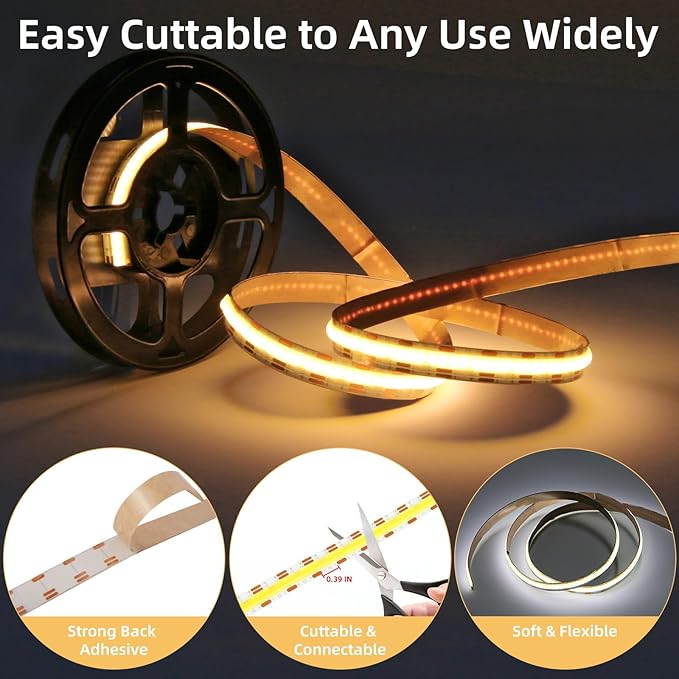 5V USB LED Strip Light 3.28ft Under Cabinet Tape Lights 1m Dimmable COB LED Lights 640LEDs 6000K White Cuttable LED Light Strip for Bedroom Sewing Machine DIY Lighting TV Backlight
