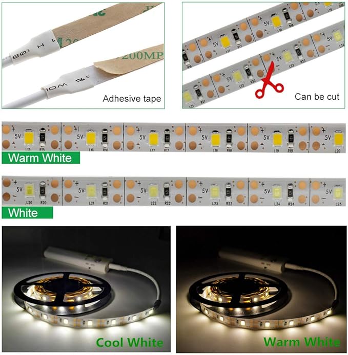 Battery Powered,Motion Sensor Led Light Strips Smart Night Light Motion Activated Led Strip Light for Room Cool White Light-5M / 16.4ft