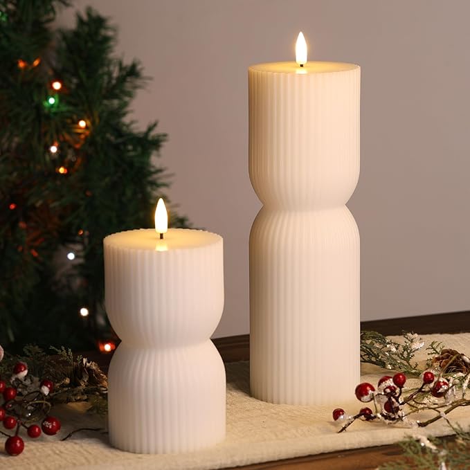 White Ribbed Flameless Pillar Candles with Remote, Real Wax Flickering Battery LED Candles Set of 2