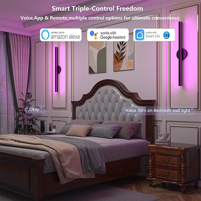 Smart Plug In Wall Lights Set of 2, RGBCW Color Changing LED Wall Sconces Works with Alexa, Goolge Home, Smart App, 23.6In Modern Black Indoor Wall Lamp for Bedroom, Living Room, Hallway, Music Sync