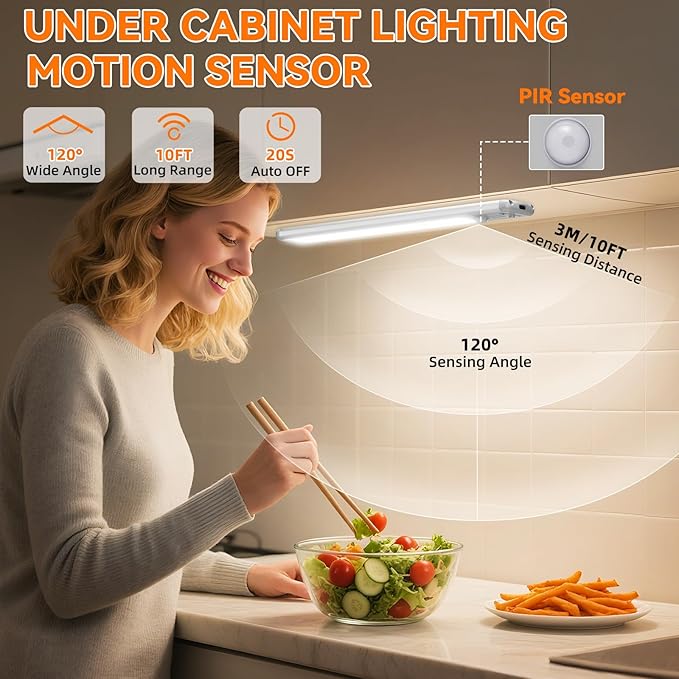 Under Cabinet Lighting Wireless, Rechargeable Motion Sensor Light Indoor, 3 Color Dimmable Closet Light Battery Operated with LED Power Display, Magnetic Under Counter Lights for Kitchen, Home (6Pack)