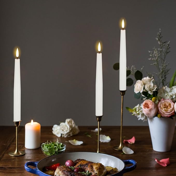 GenSwin Flameless Taper Candles with Remote, White LED Taper Candles Battery Operated, Real Wax Flameless Candlesticks with 3D Wick for Home Party Decor(Set of 3, 0.78” x 9.84”)