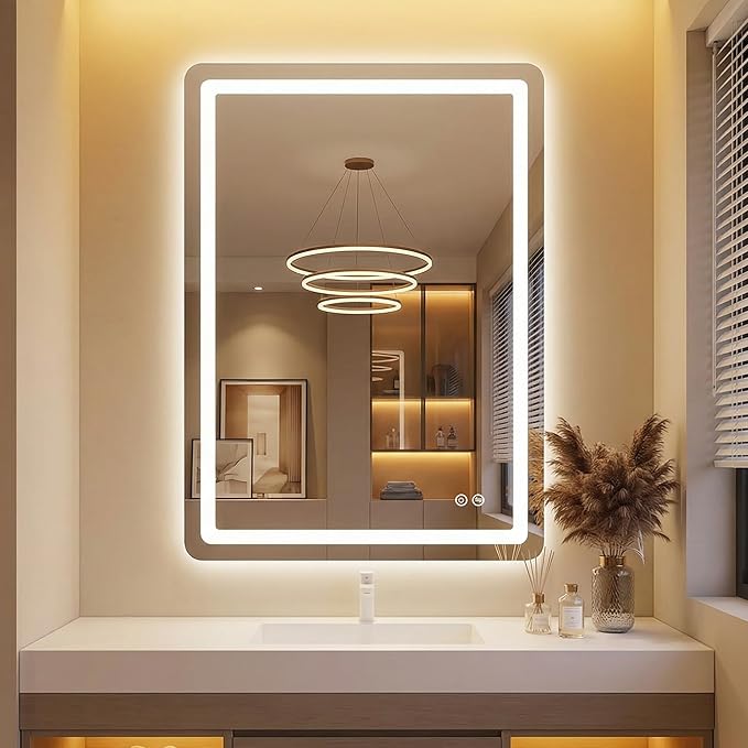 Bathroom Vanity Mirror with LED, 36" x 24" Led Bathroom Vanity Mirror with Light for Wall, IP54 Enhanced Anti-Fog, Dimmable 3 Colors, Memory Function, Backlit and Front Lit, Plug-in/Hardwired