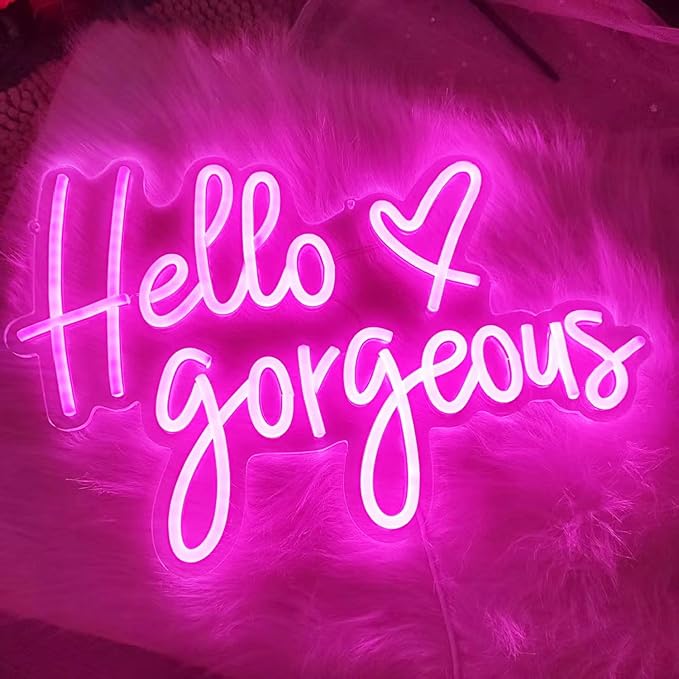Neon Hello gorgeous Signs LED Decorative Pink Neon Lights for Girls Bedroom Dorm Decor,Home Party Wall Decor,Birthday Gifts,USB Powered,Equipped with Dimmable Switch(Pink Hello,17x10in)