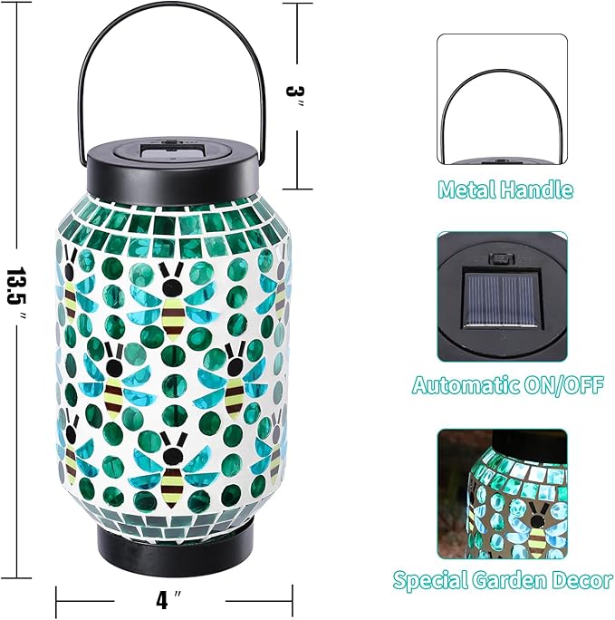 Bshine Mosaic Solar Lantern Outdoor Hanging Waterproof, Ladybug Mosaic Light Indoor Decorative Table, Garden Decor for Yard Outside, Path, Pathway, Courtyard, Lawn, Birthday Gift for Mom Women